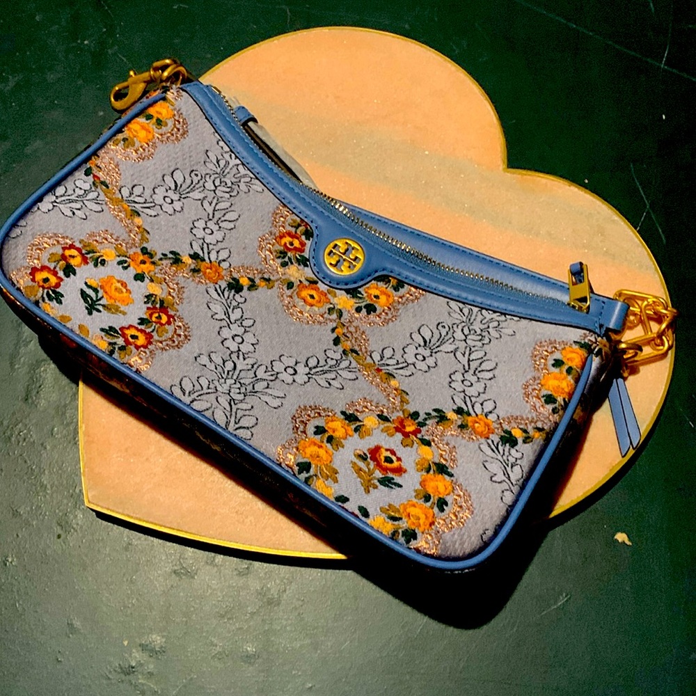 New Tory Burch Brocade Studio Shoulder Bag Sea Frost Blue